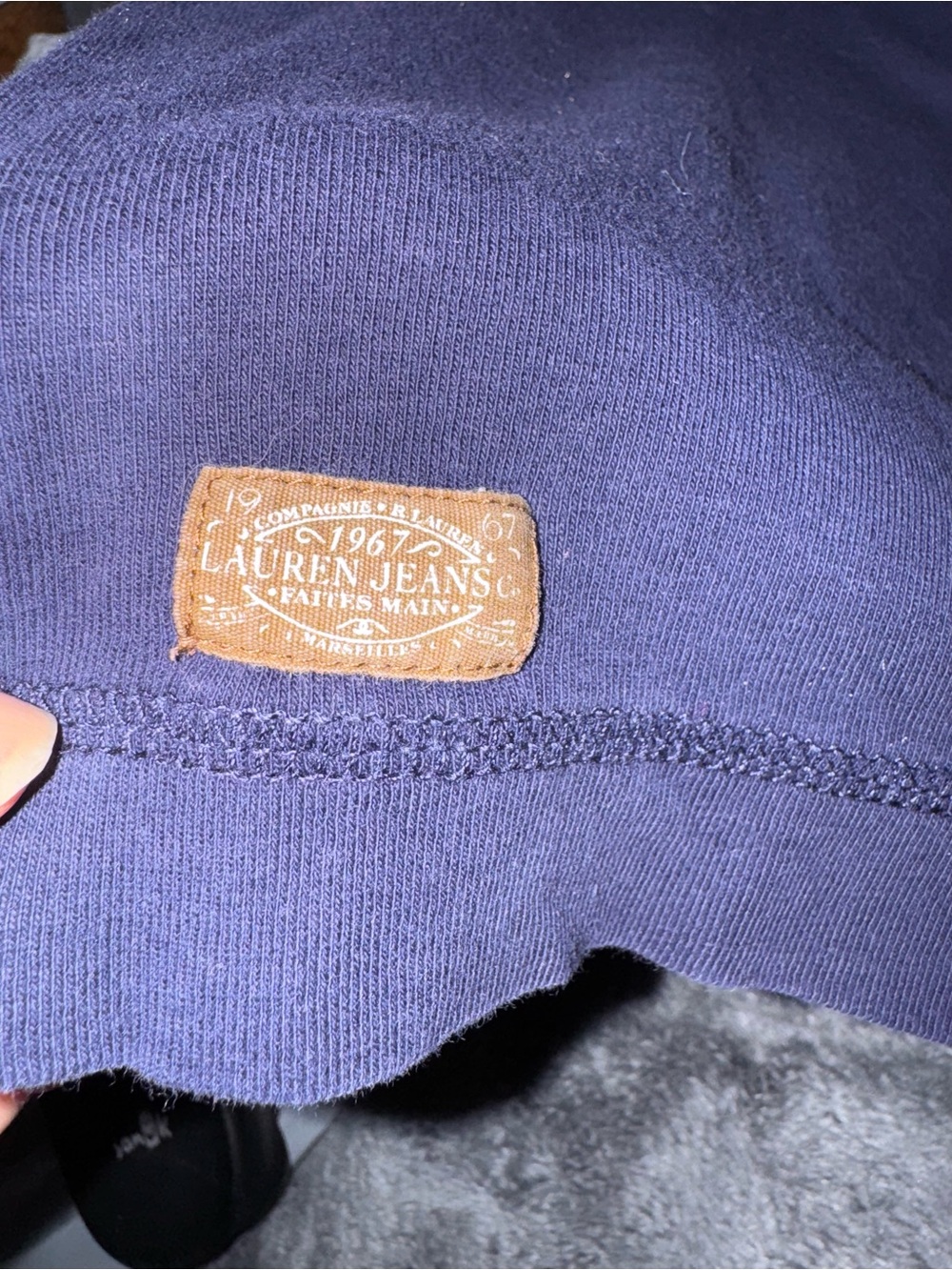 Lauren Ralph Lauren Navy Blue Long Sleeve Top with Brown Shoulder Detail - Picture 2 of 5
